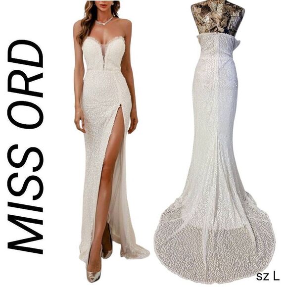 Formal Dress White Sparkle Sequin Mermaid Sweetheart Split Long Maxi Gown Train - Picture 2 of 11